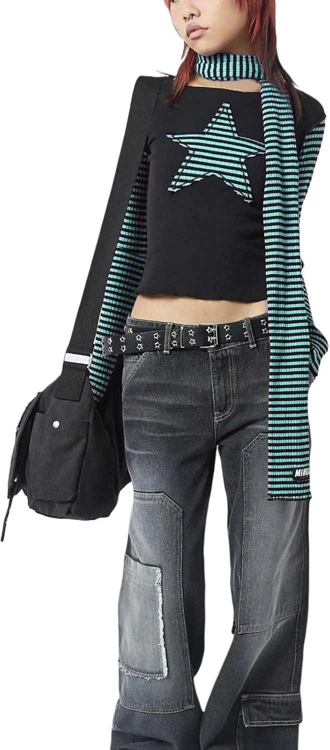Women Vintage Star Pattern Stripes Patchwork T Shirts Long Sleeve Crew Neck Crop Top Casual Y2K 90s Streetwear