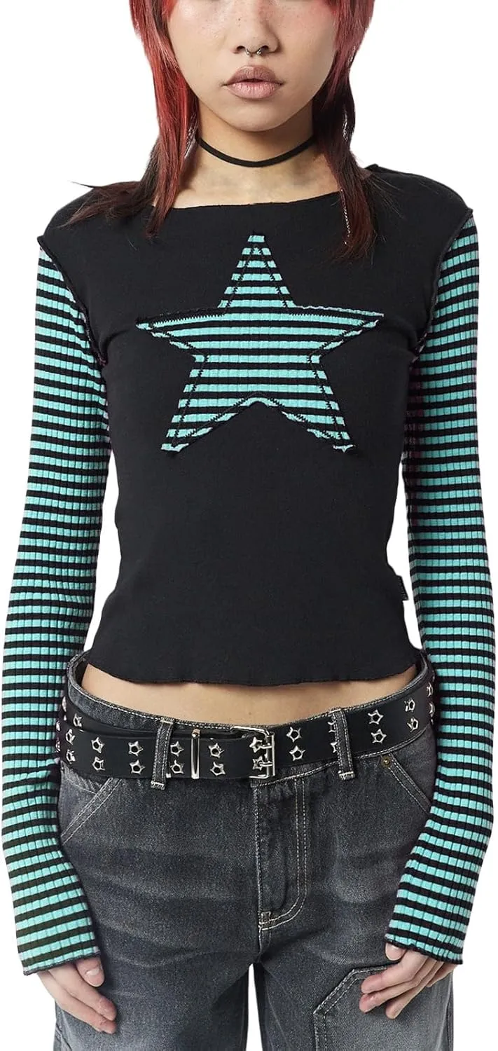 Women Vintage Star Pattern Stripes Patchwork T Shirts Long Sleeve Crew Neck Crop Top Casual Y2K 90s Streetwear