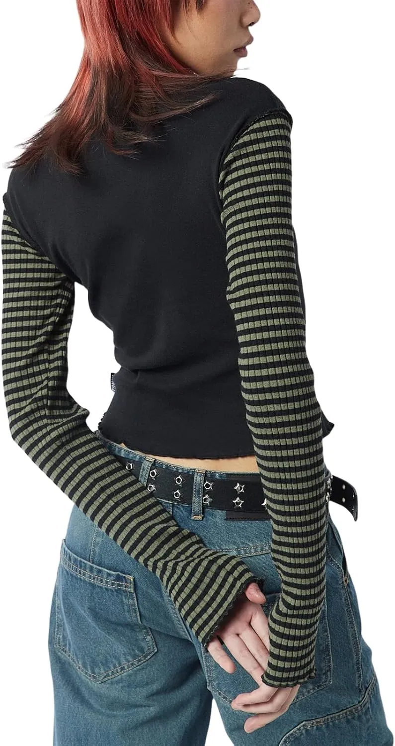 Women Vintage Star Pattern Stripes Patchwork T Shirts Long Sleeve Crew Neck Crop Top Casual Y2K 90s Streetwear