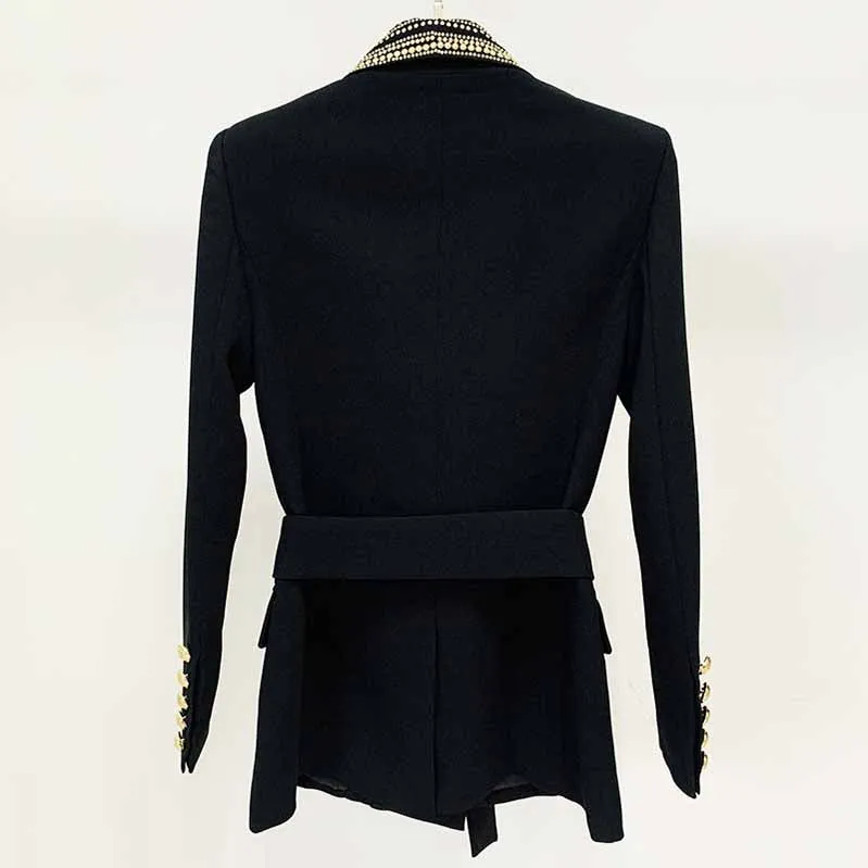 Womens Black Metal Coat Double Breasted Lion Button Blazer with Belt Outwear