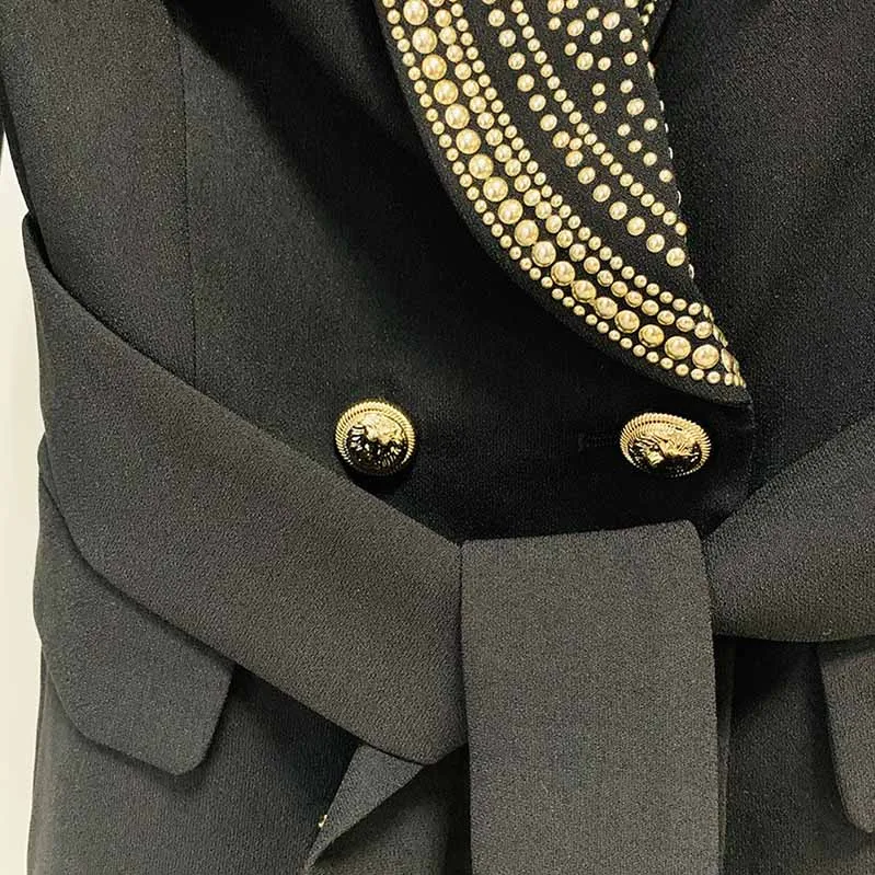Womens Black Metal Coat Double Breasted Lion Button Blazer with Belt Outwear