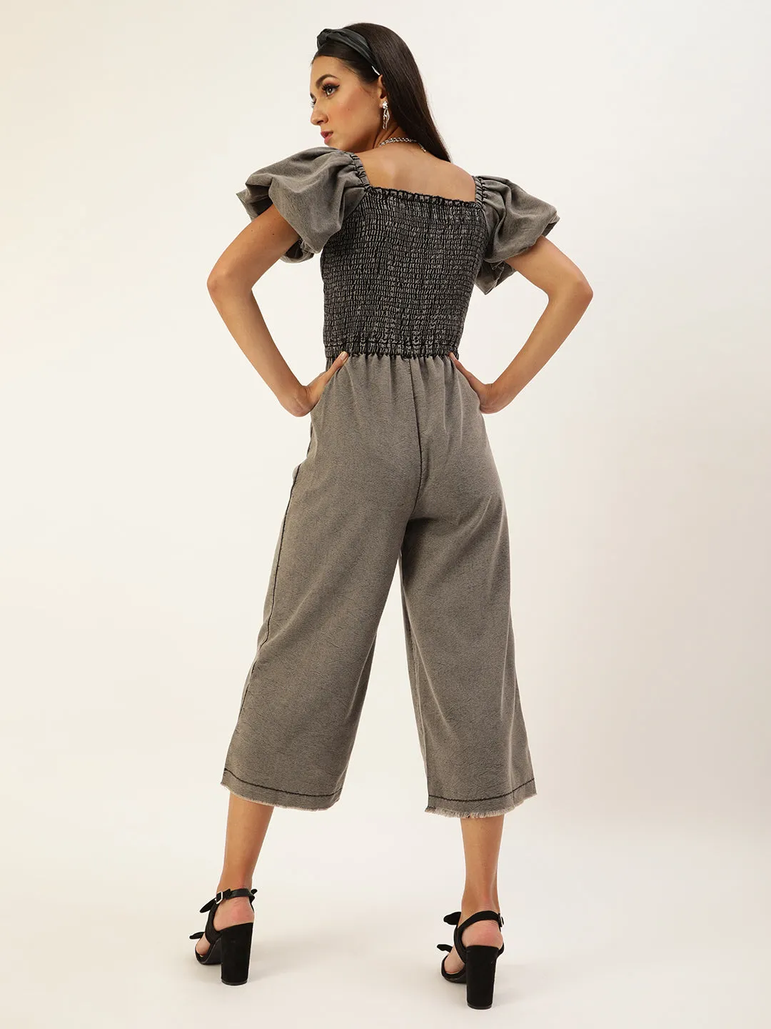 Women's Smocked Black Denim Jumpsuit With Balloon Sleeve -Stylestone
