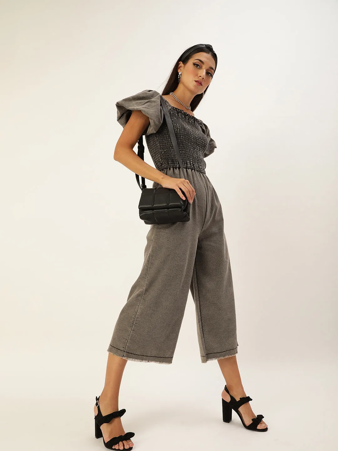 Women's Smocked Black Denim Jumpsuit With Balloon Sleeve -Stylestone