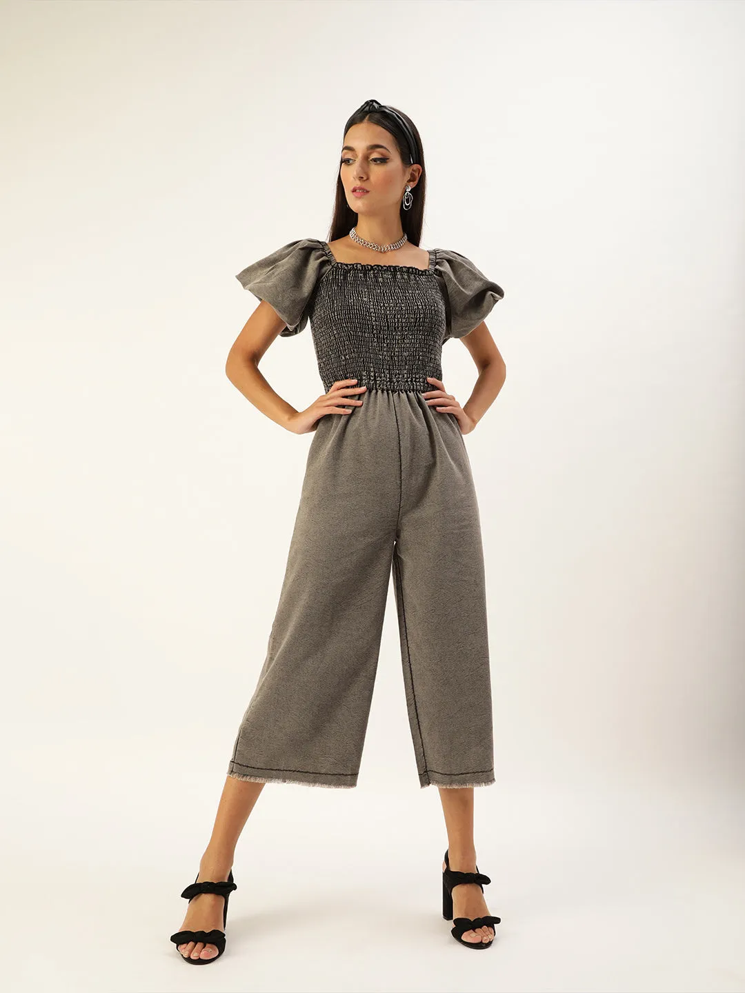 Women's Smocked Black Denim Jumpsuit With Balloon Sleeve -Stylestone
