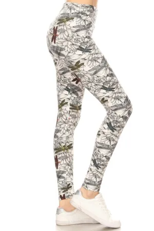 Yoga Style Banded Lined Dragonfly Print In A Slim Fitting Style With A Banded High Waist Full Length Leggings