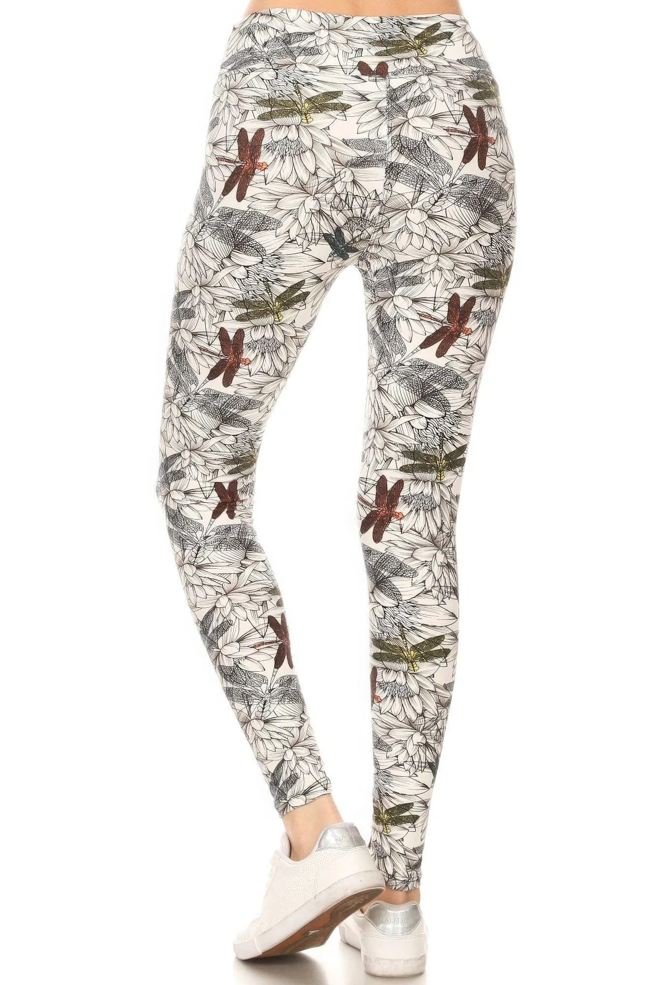 Yoga Style Banded Lined Dragonfly Print In A Slim Fitting Style With A Banded High Waist Full Length Leggings