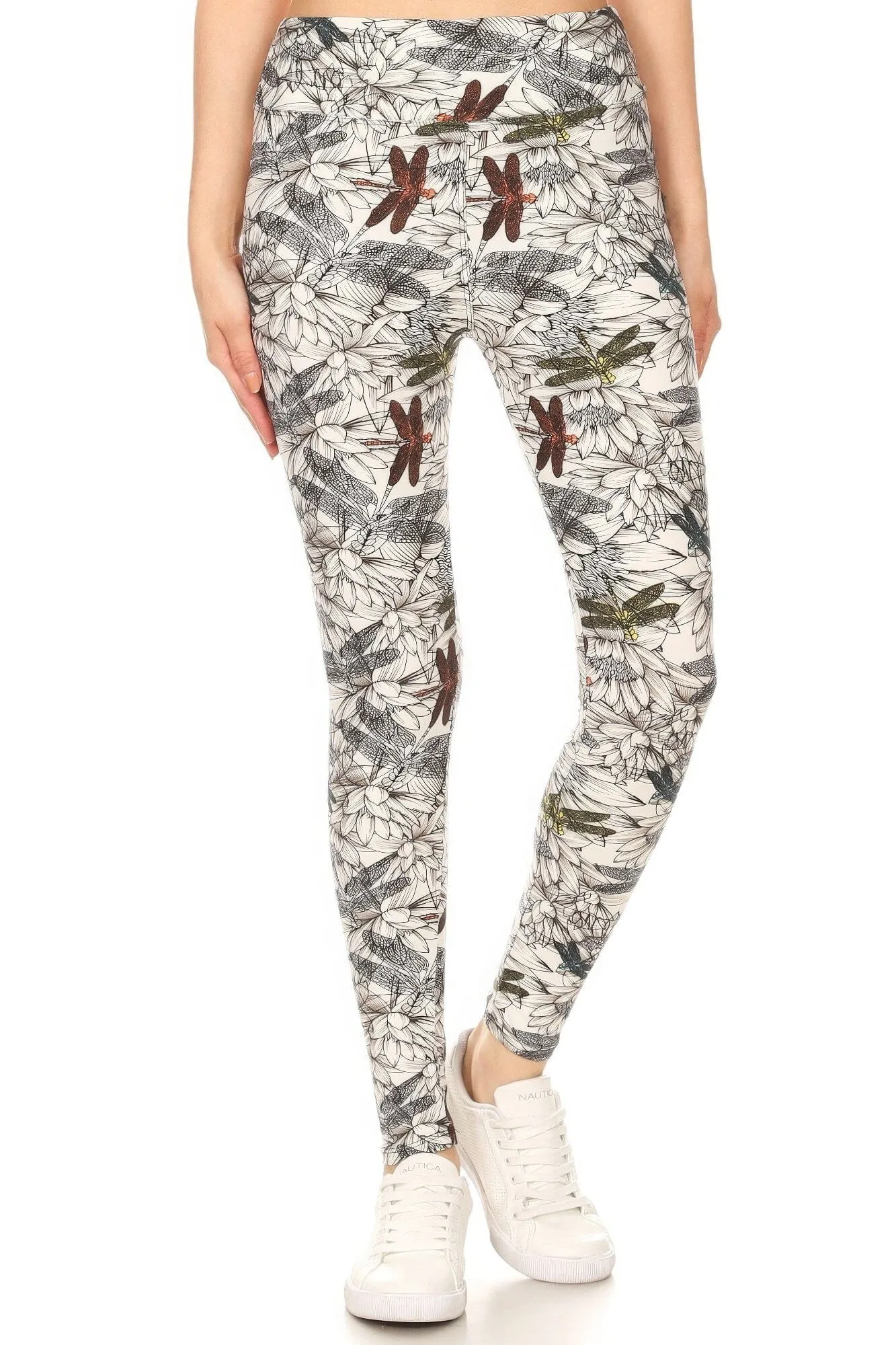 Yoga Style Banded Lined Dragonfly Print In A Slim Fitting Style With A Banded High Waist Full Length Leggings