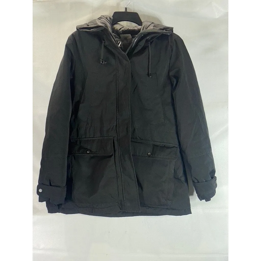 ZARA Women's Black Solid Double Closure Hooded Winter Parka Jacket SZ M